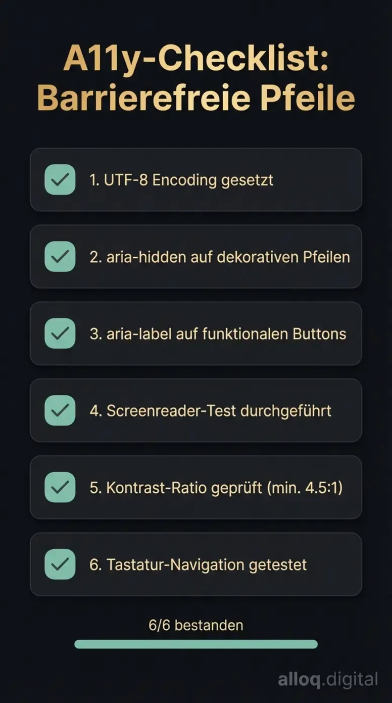 Barrierefreiheits-Checkliste für HTML-Pfeile mit sechs Prüfpunkten