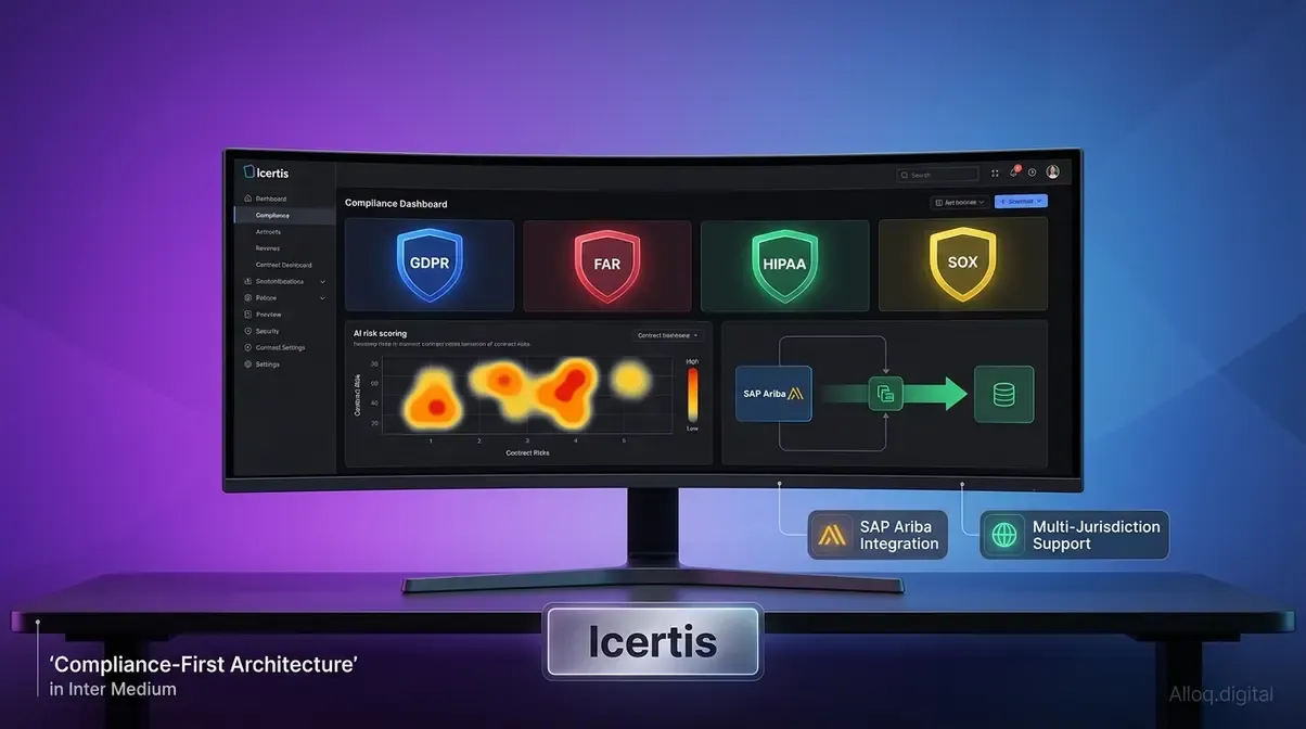 Icertis contract management platform compliance dashboard showing multi-jurisdictional regulatory coverage and AI risk scoring