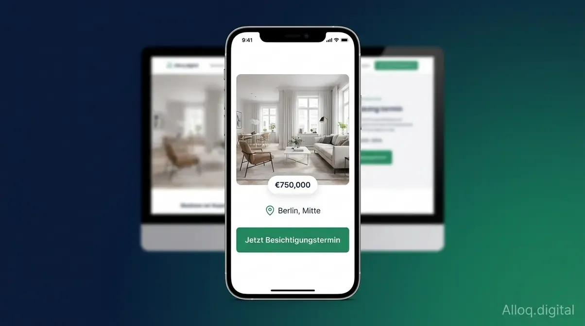 Responsive Makler-Website auf Smartphone mit professionellem Objektfoto und sichtbarem Call-to-Action-Button