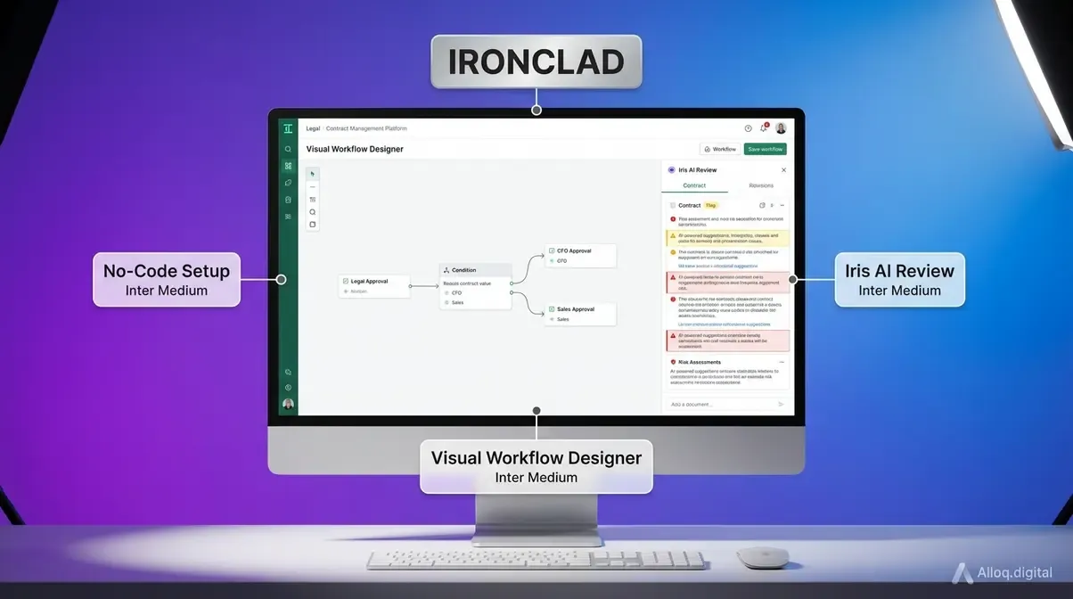 Ironclad contract management platform showing visual workflow designer and Iris AI clause review interface