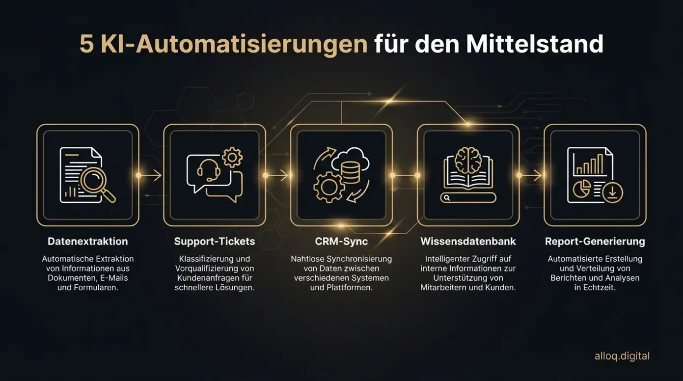 Infografik zeigt die 5 wichtigsten KI-Automatisierungen für den Mittelstand