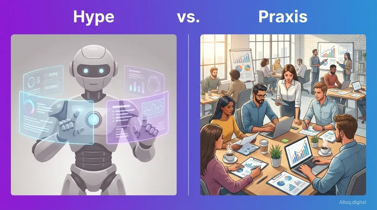 KI im Marketing Praxis versus Hype – realistische Gegenüberstellung von KI-Versprechen und tatsächlichem Einsatz in Marketing-Teams
