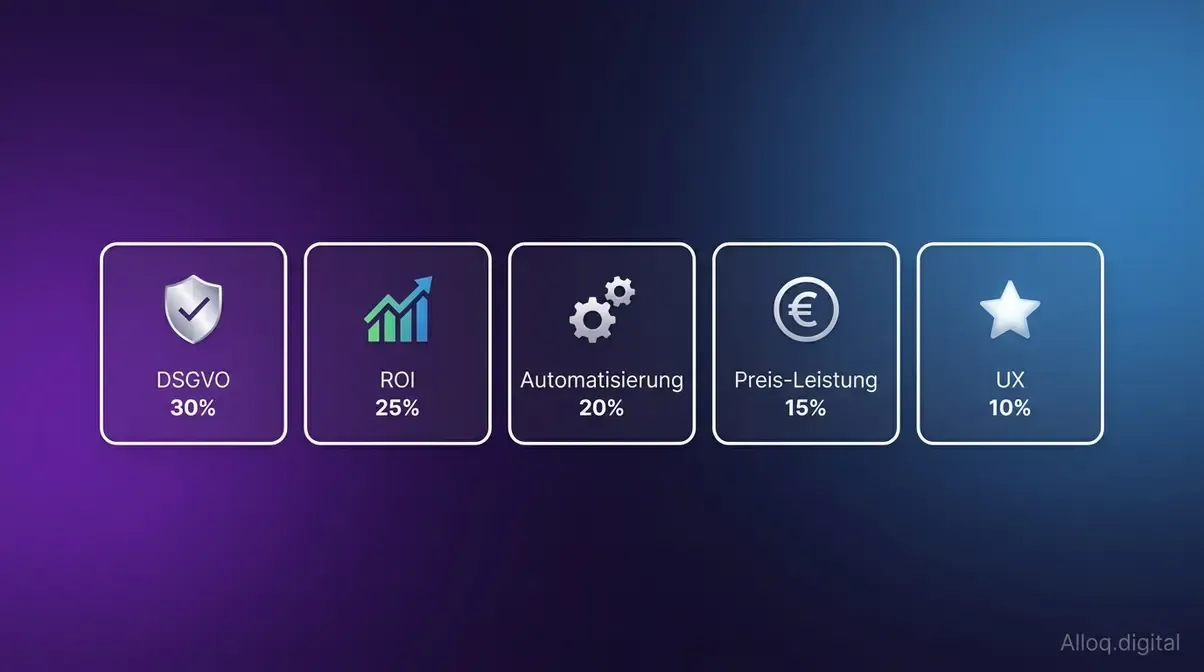 KI Marketing Tools Bewertungsmatrix zeigt fünf gewichtete Auswahlkriterien DSGVO, ROI, Automatisierung, Preis-Leistung und UX