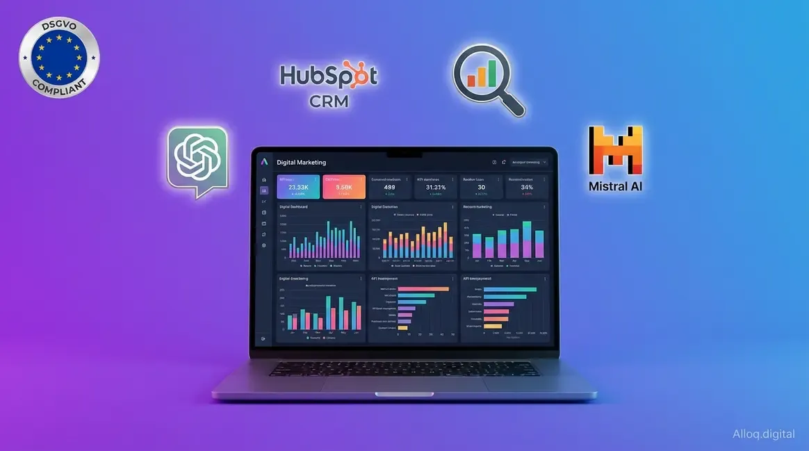 KI Marketing Tools Vergleich 2026 – Dashboard mit KI-gestützten Marketing-Software-Symbolen auf violett-blauem Hintergrund