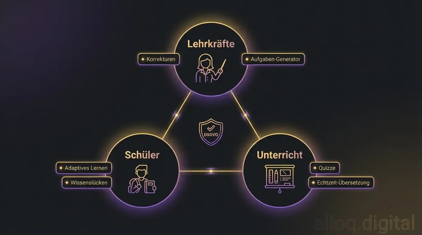 Diagramm der drei KI-Einsatzbereiche im Bildungssektor: Lehrkräfte, Schüler und Unterricht