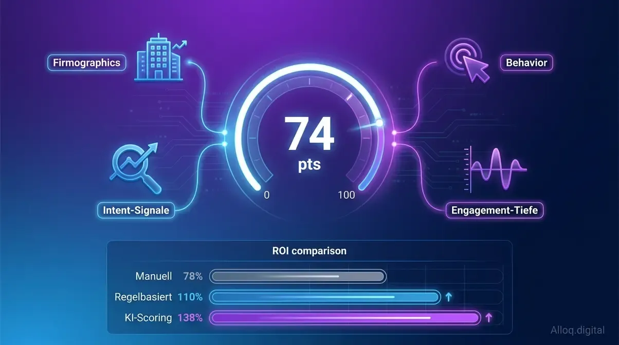 KI-gestütztes Lead-Scoring-Modell mit vier Signalkategorien und ROI-Vergleichsdiagramm für B2B-Teams