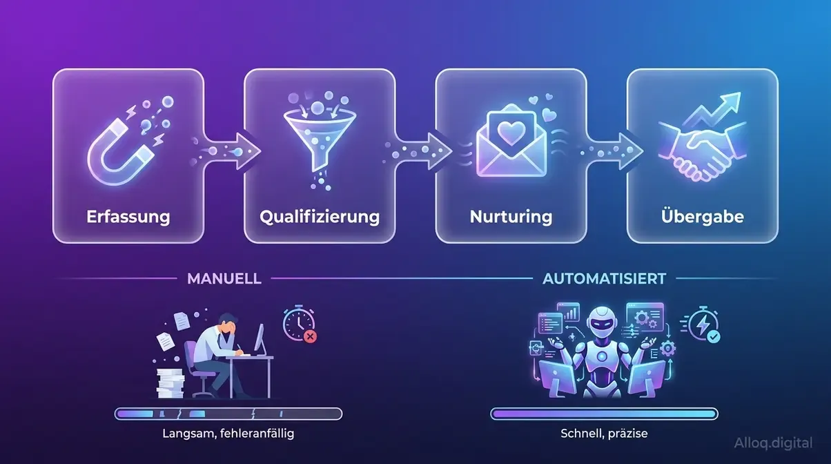 Die vier Grundphasen der automatisierten Leadgenerierung: Erfassung, Qualifizierung, Nurturing und Übergabe
