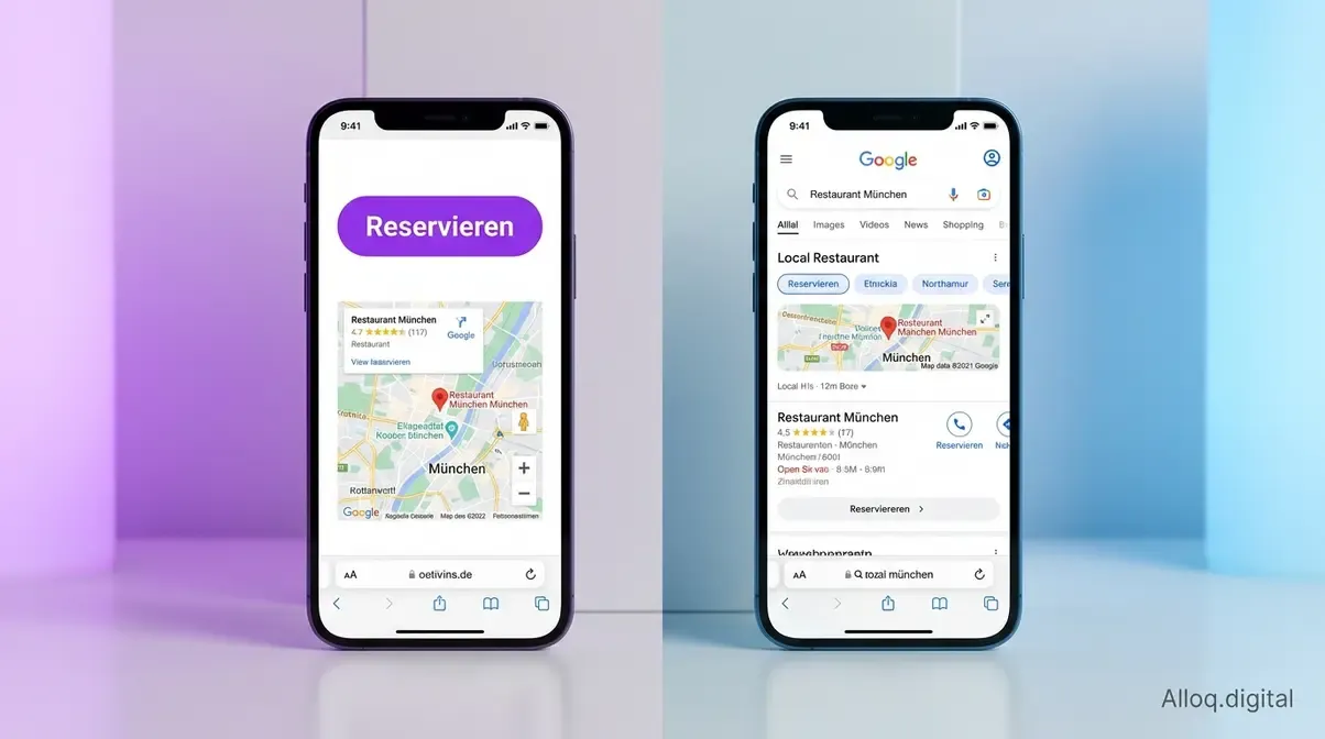 Smartphone zeigt Mobile-First-Restaurant-Website mit Reservierungsbutton und lokalen Google-Suchergebnissen
