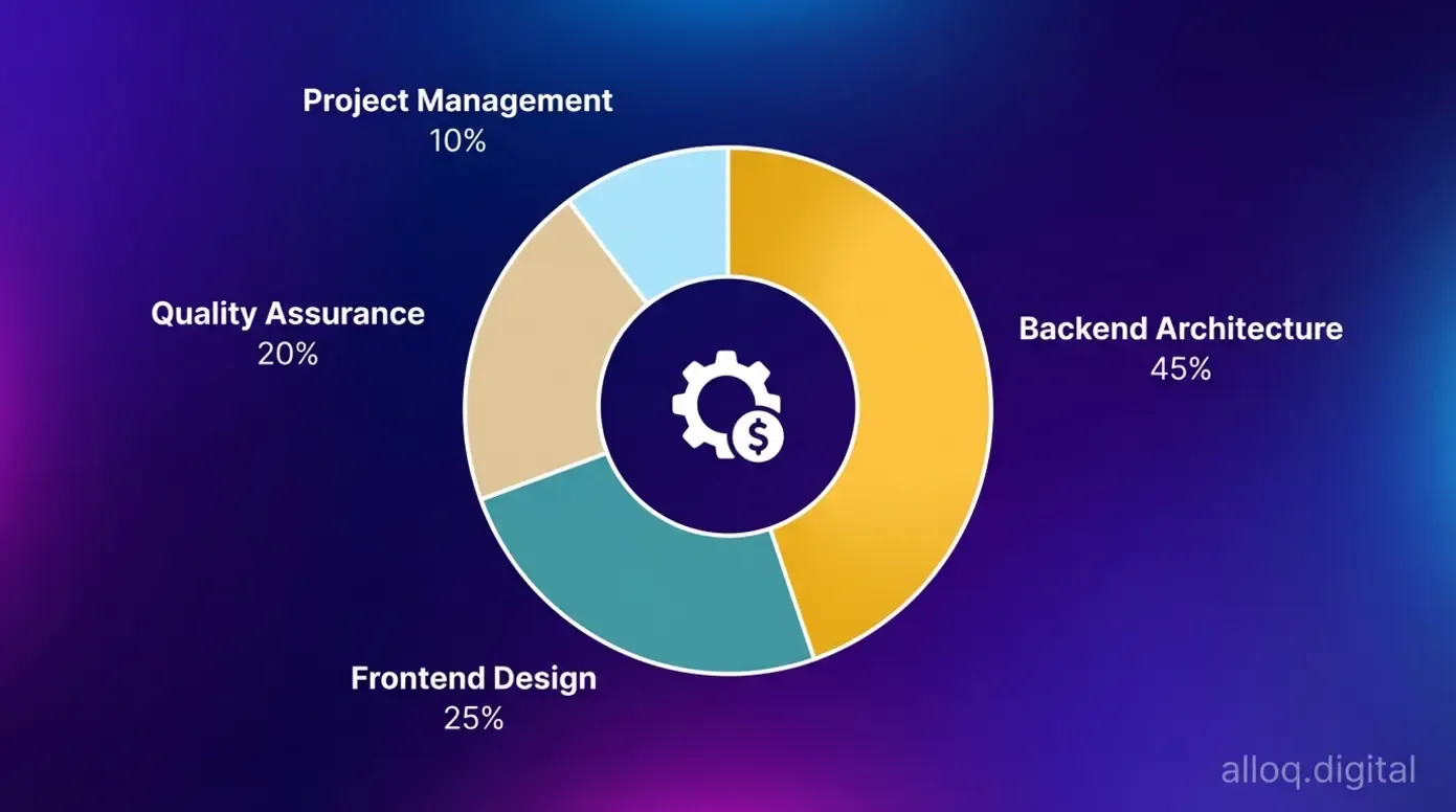 Circular donut chart detailing the financial budget allocation for software development