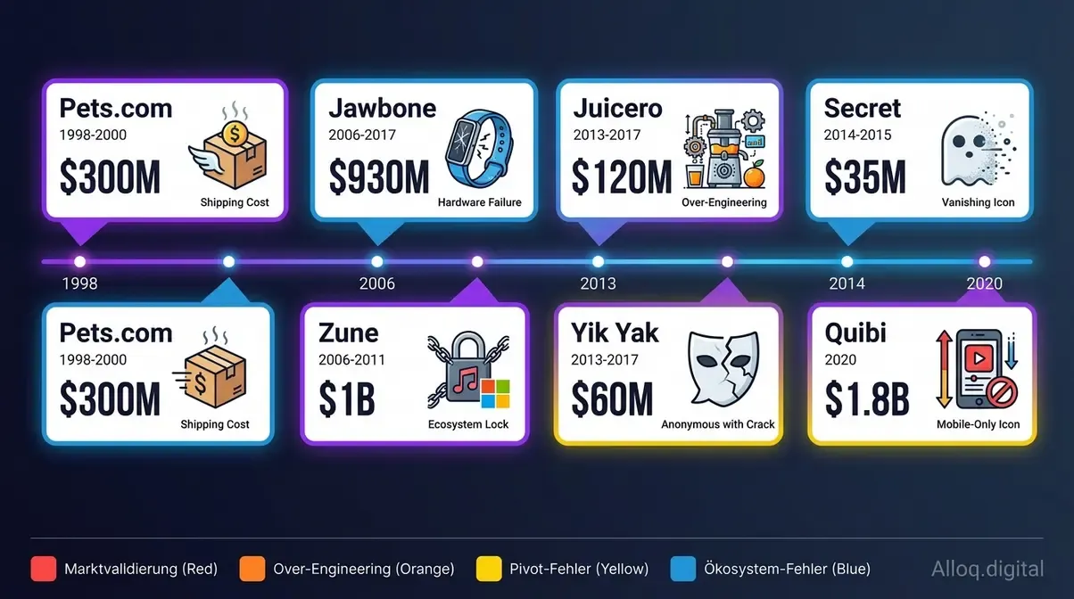 Zeitleiste der sieben MVP-Fehlschläge von Pets.com bis Quibi mit Funding-Beträgen und jeweiliger Kernursache im Vergleich
