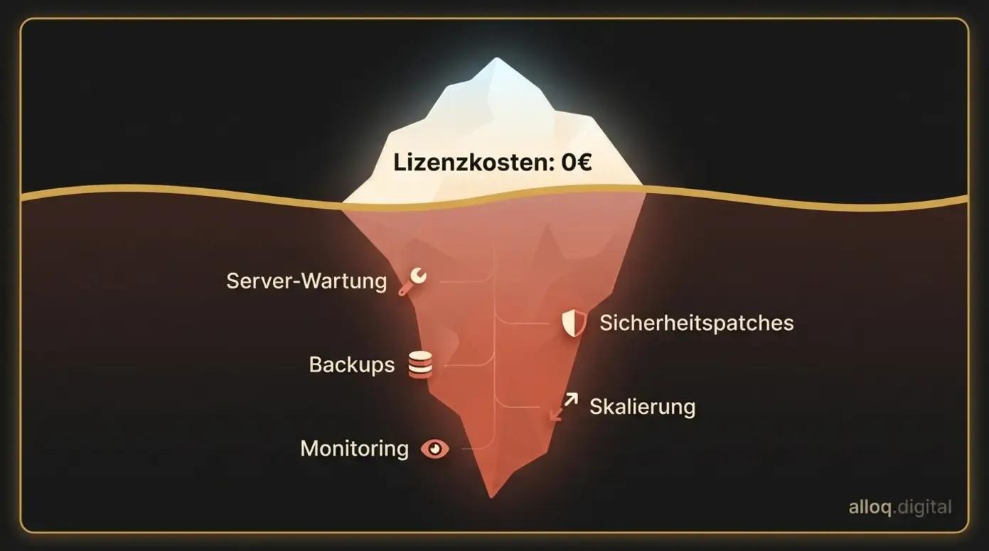 Eisberg-Infografik: Sichtbare und versteckte Kosten beim Self-Hosting von Automatisierungstools