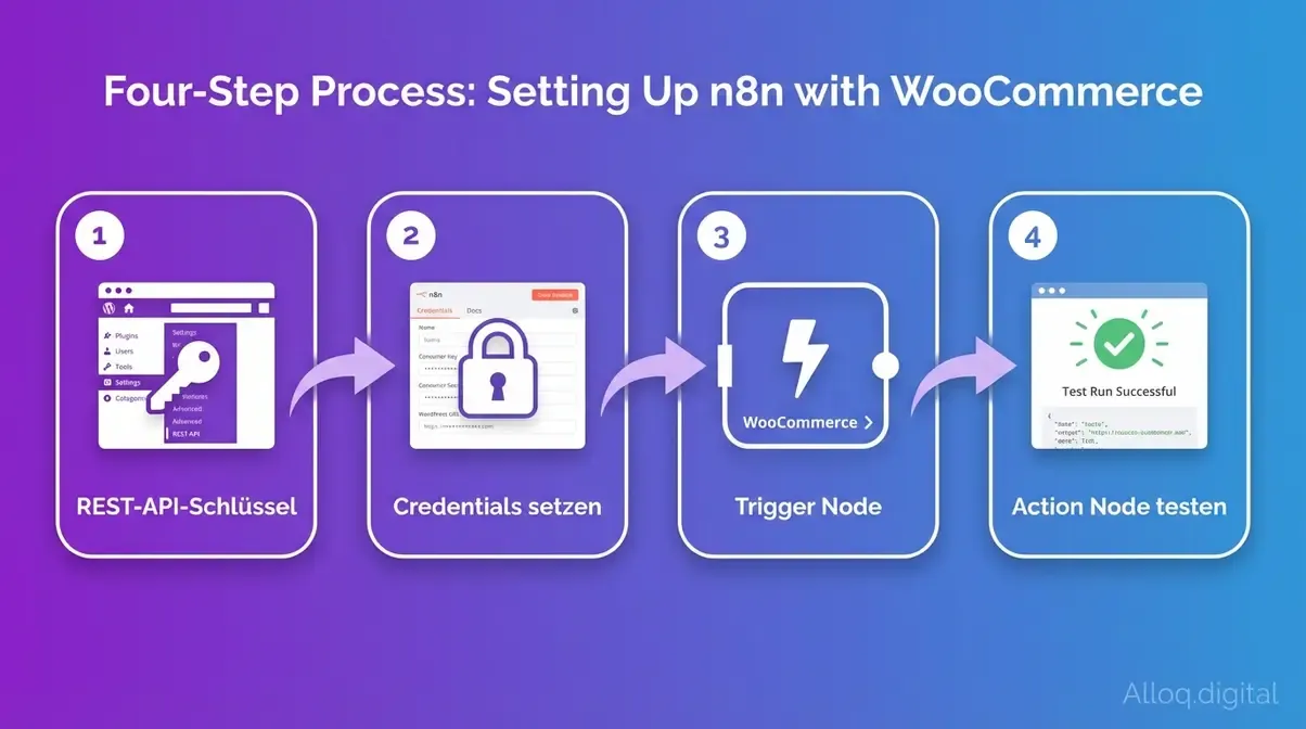 Infografik: n8n WooCommerce Setup in 4 Schritten von API-Schlüssel bis erstem Test-Run