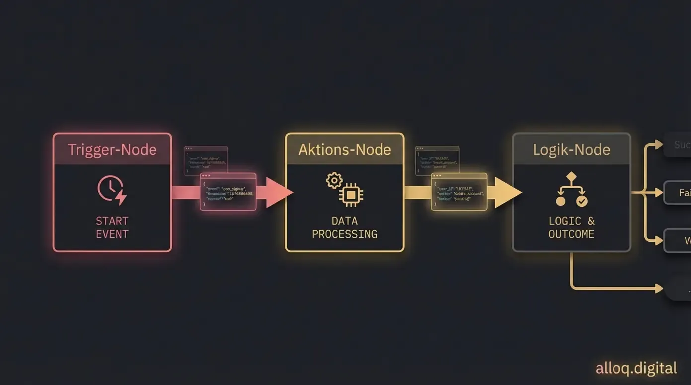 Diagramm der drei n8n Workflow-Bausteine: Trigger-Node, Aktions-Node und Logik-Node