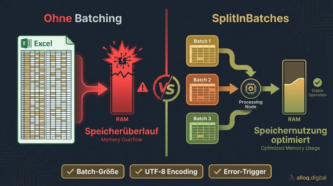 Vergleich: n8n Excel-Verarbeitung ohne Batching führt zu Absturz, SplitInBatches-Node löst das Problem