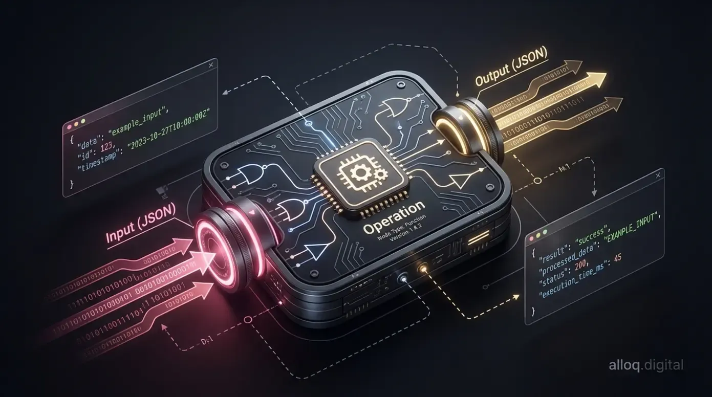 Anatomie eines n8n Nodes mit JSON-Eingang, Verarbeitungslogik und JSON-Ausgang