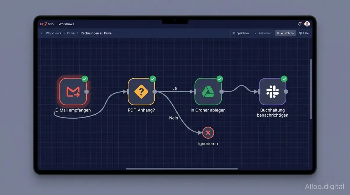n8n Workflow Rechnungen automatisch in Google Drive ablegen mit Gmail und Slack