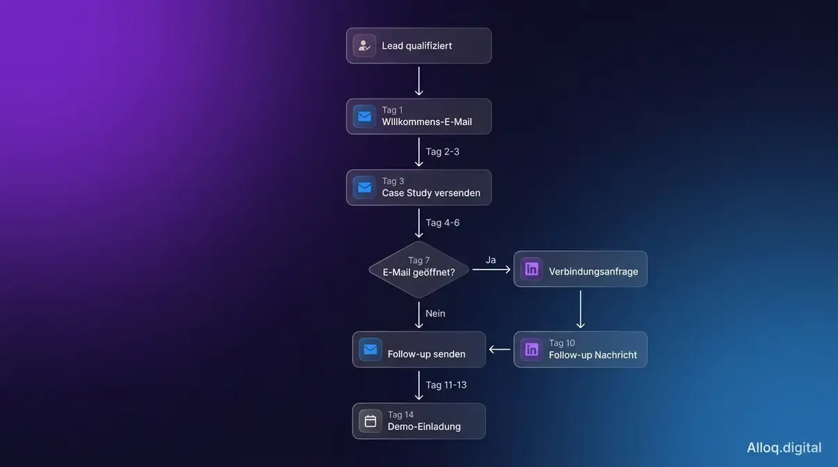 Ablaufdiagramm einer automatisierten Nurturing-Sequenz mit E-Mail- und LinkedIn-Touchpoints für B2B-Leads