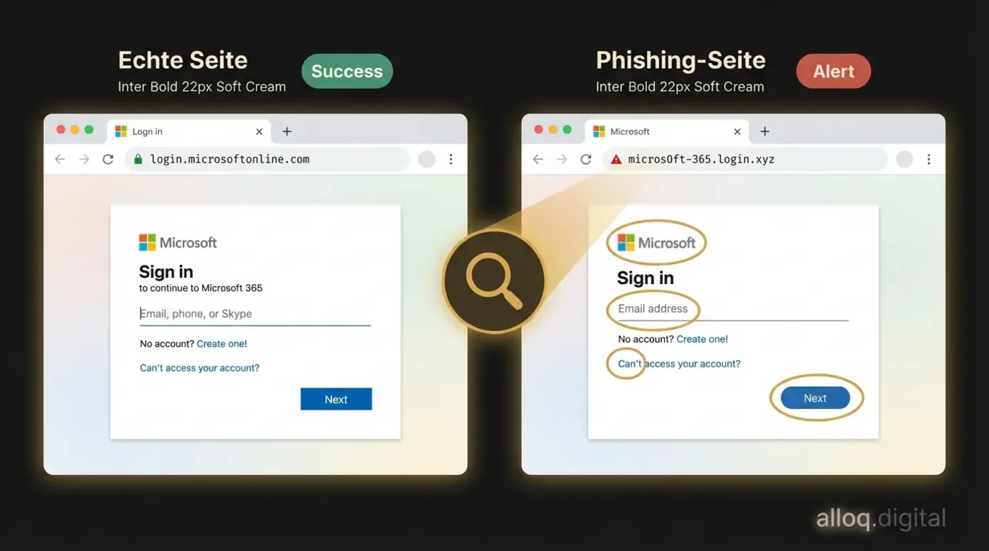 Vergleich zwischen echter Microsoft-Login-Seite und Phishing-Fälschung mit markierten URL-Unterschieden