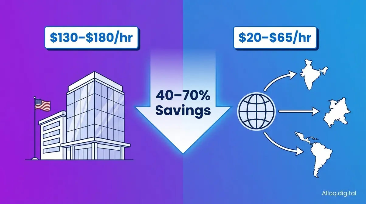Offshore software development cost comparison showing 40 to 70 percent savings versus onshore US engineering rates