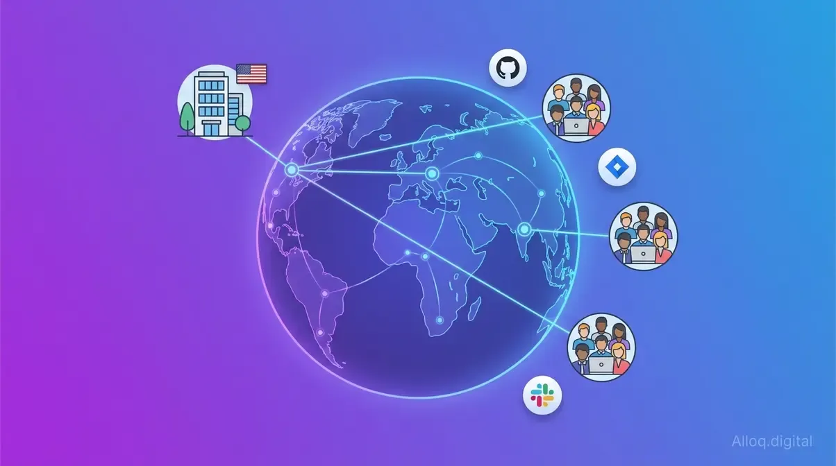 Illustration showing what offshore software development is with global team connections across continents