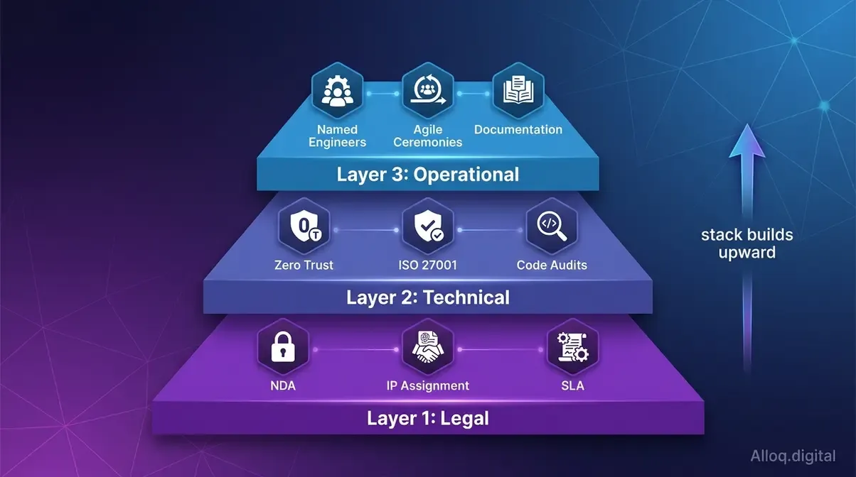 Three-layer Offshore Governance Stack diagram showing Legal, Technical, and Operational control layers with key components of each