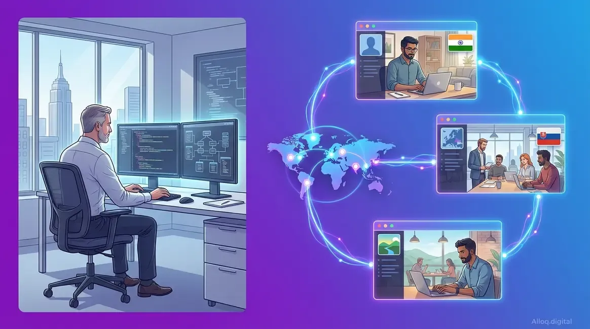 Offshore software development CTO guide showing global engineering team connections across continents