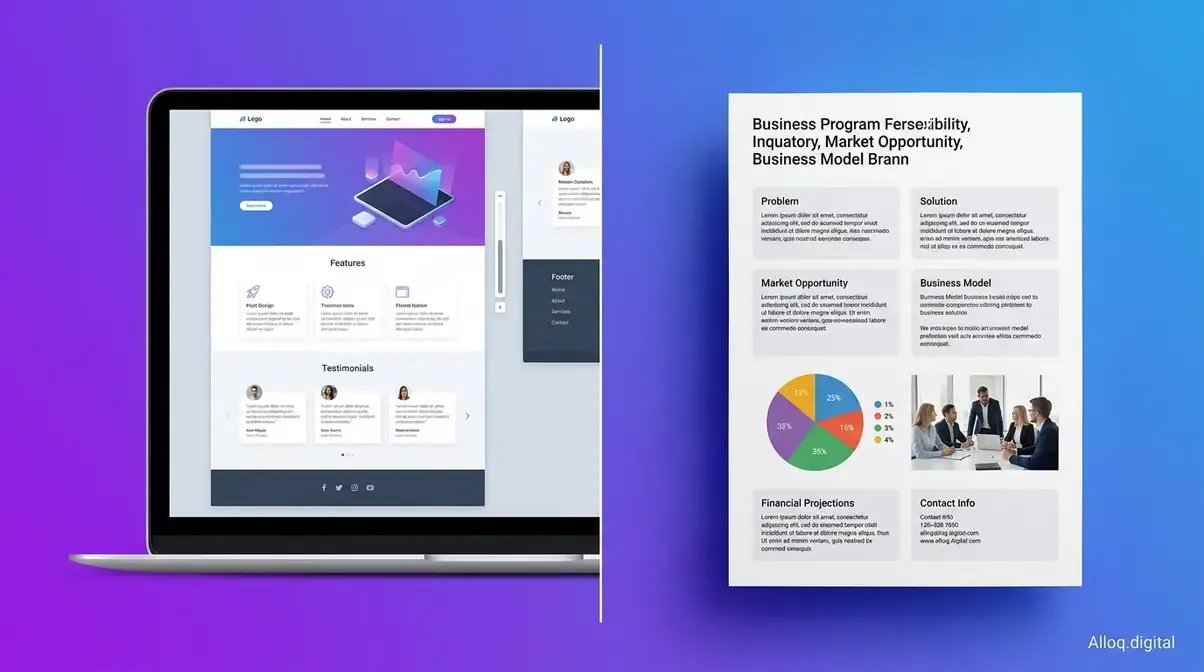 Zwei Bedeutungen von Onepager: scrollbare Website auf einem Laptop und einseitiges Pitch-Dokument auf Papier