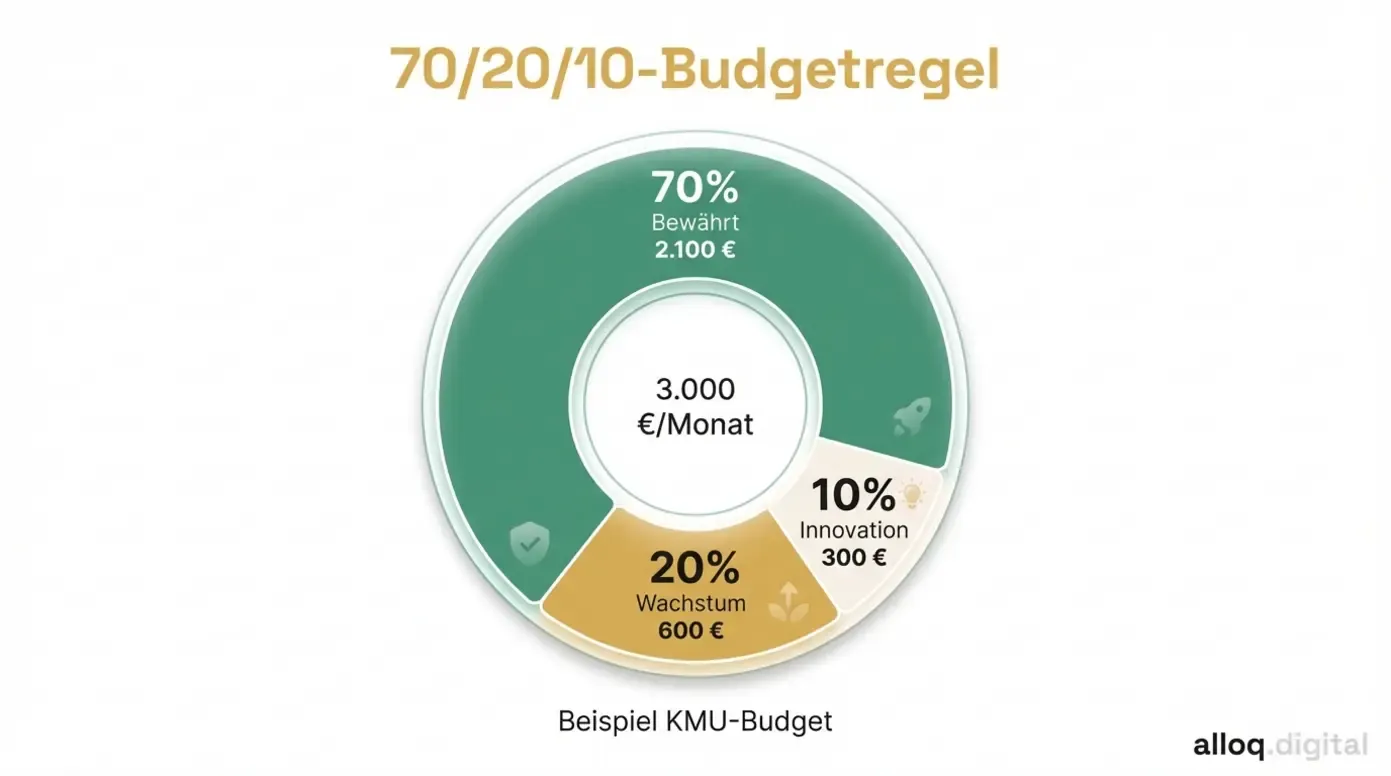 Donut-Diagramm der 70/20/10-Budgetregel mit Beispielverteilung für 3.000 Euro KMU-Budget