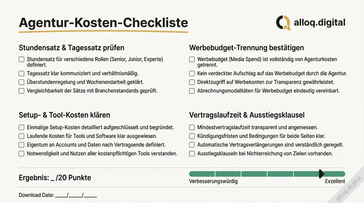 Druckbare Agentur-Kosten-Checkliste mit 20 Prüfpunkten für Kostenverhandlungen als PDF