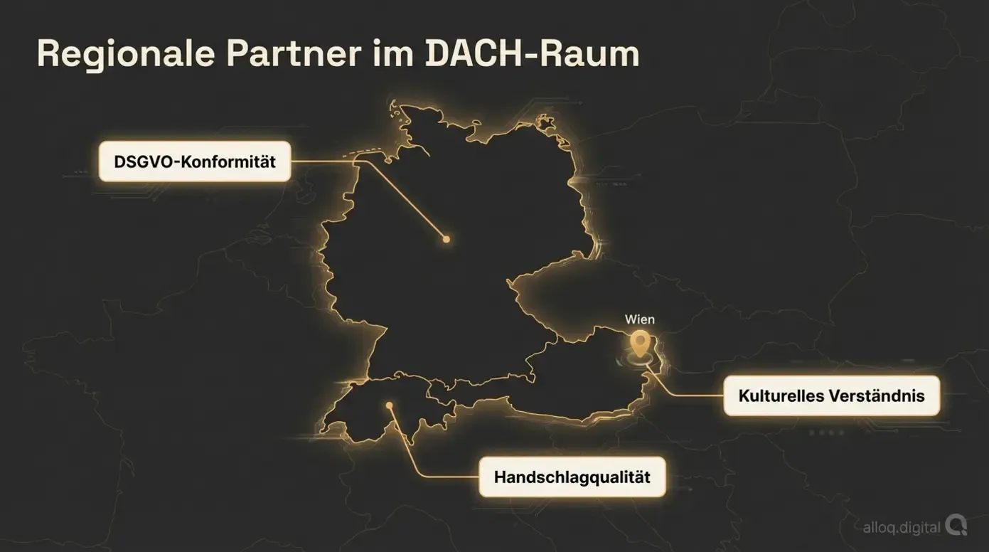 Stilisierte DACH-Karte mit den drei Vorteilen regionaler Online Marketing Agenturen