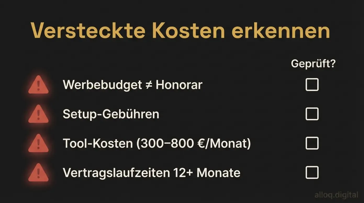 Checkliste mit vier versteckten Kostenfallen bei Online Marketing Agenturen zum Prüfen