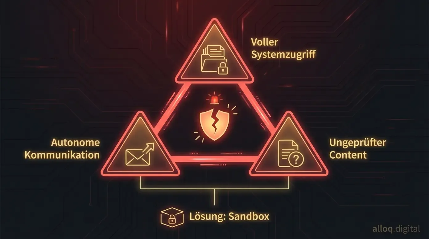 Infografik des Lethal Trifecta: Systemzugriff, autonome Kommunikation und ungeprüfter Content