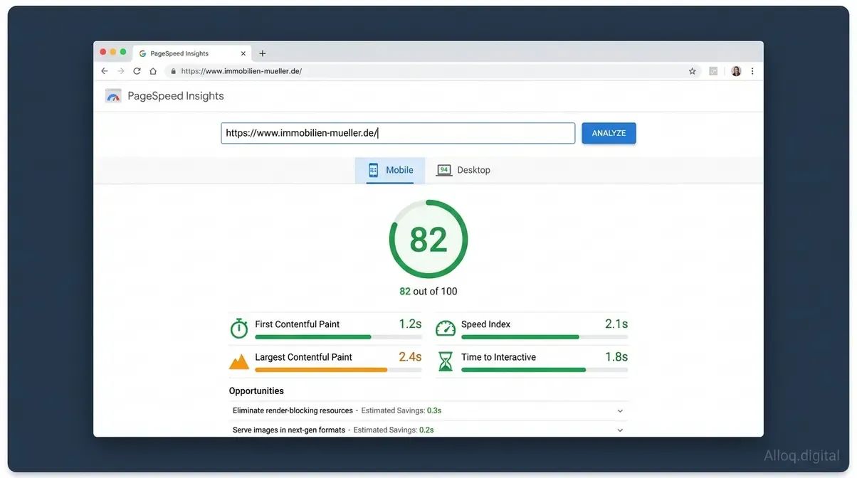 Google PageSpeed Insights Score einer Makler-Website mit grünem Wert über 75 Punkten auf Mobilgeräten