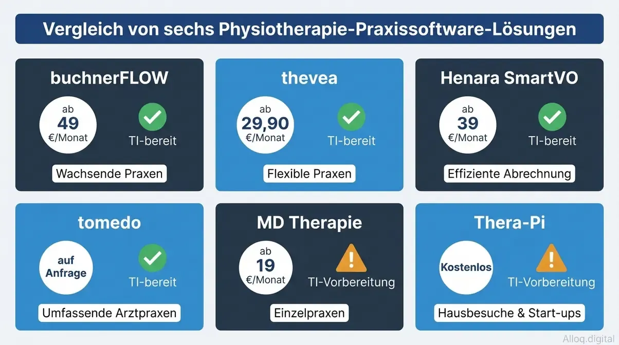 Infografik zum Vergleich von buchnerFLOW, thevea, Henara, tomedo, MD Therapie und Thera-Pi nach Preis, TI-Bereitschaft und Einsatzbereich