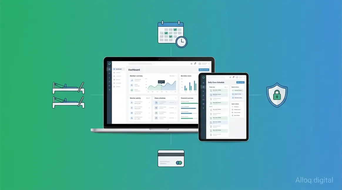 Pilates Studio Software Dashboard mit Kursbuchung, Reformer-Verwaltung und DSGVO-Datenschutz auf Laptop