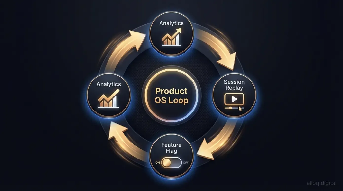 PostHog Workflow Loop: Kreisdiagramm zeigt den Zyklus Analytics, Replay, Feature Flag, Analytics