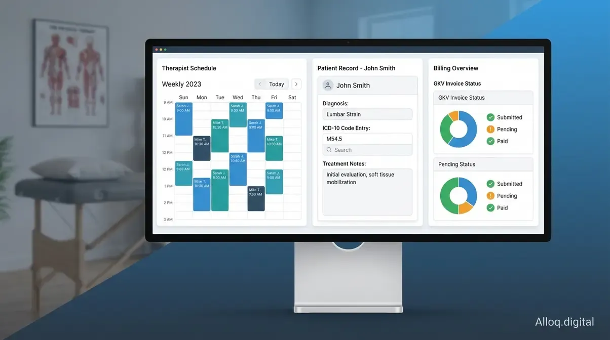 Moderne Praxissoftware-Oberfläche mit Terminplanung, Befunddokumentation und Abrechnung für Physiotherapeuten