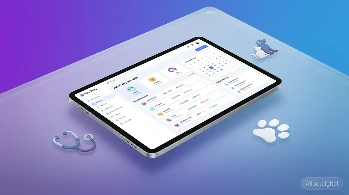 Praxissoftware Tierarzt Vergleich — Dashboard-Ansicht auf Laptop mit Patientenakte und Terminkalender