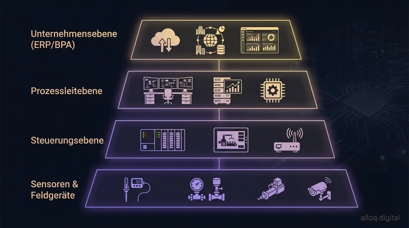 Automatisierungspyramide mit vier Ebenen von Sensoren bis zur Unternehmenssteuerung