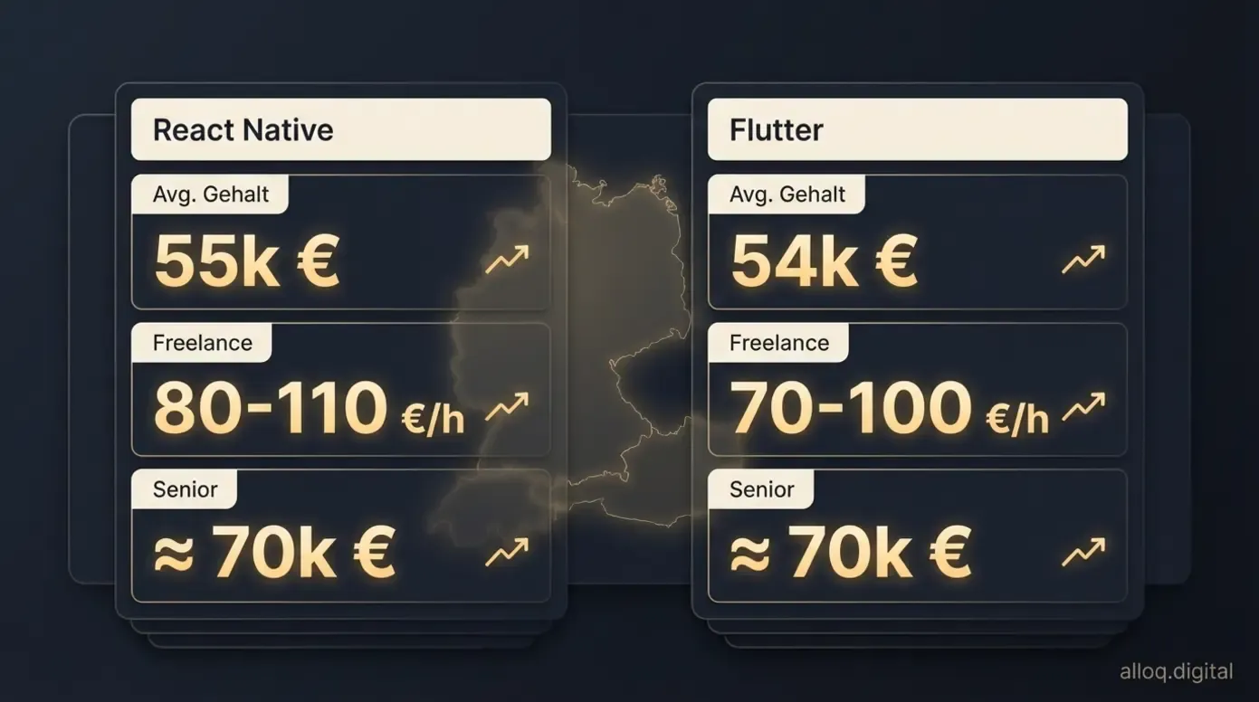 Gehaltsvergleich DACH-Region: React Native vs. Flutter Entwickler-Gehälter und Freelance-Stundensätze