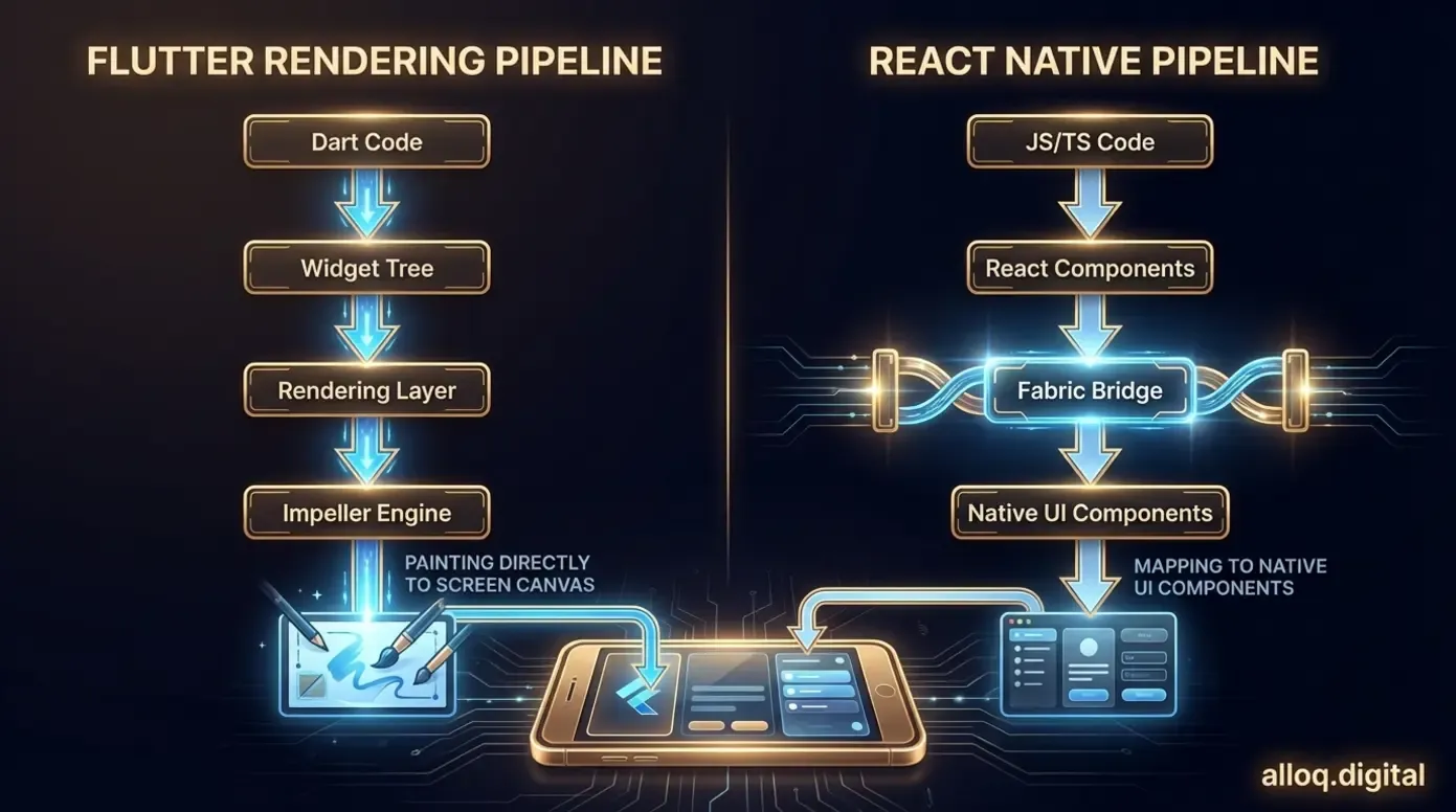 Architekturdiagramm: Flutters Impeller-Engine vs. React Natives Fabric-Bridge im Rendering-Vergleich