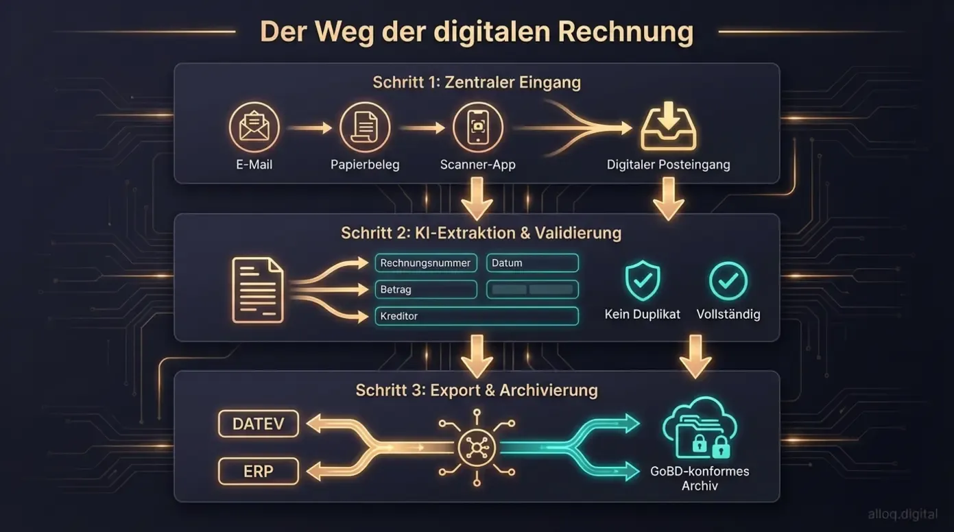 Ablaufdiagramm: Rechnungseingang automatisieren in 3 Schritten — von der Erfassung bis zum GoBD-konformen Archiv