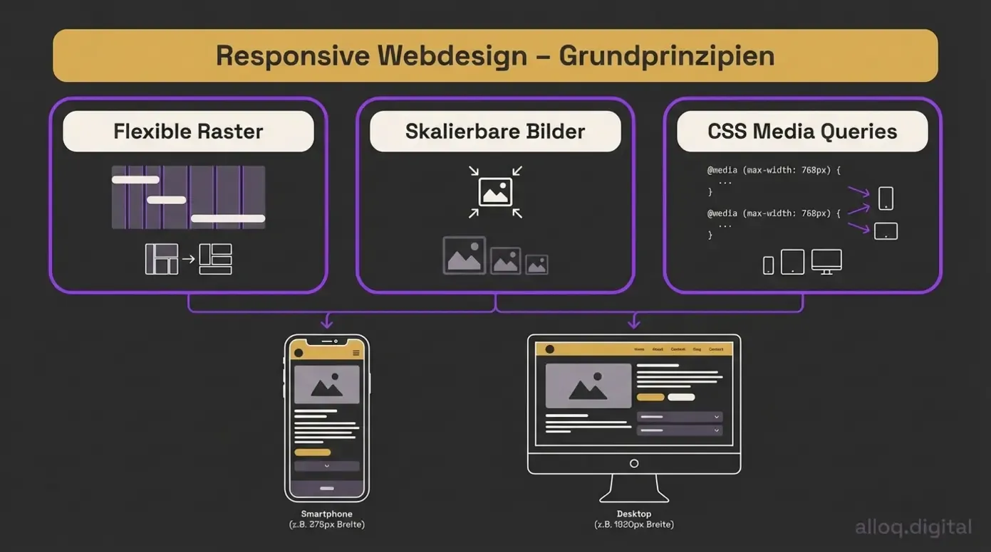 Diagramm zeigt drei Grundprinzipien des Responsive Webdesigns: Flexible Raster, Bilder und Media Queries