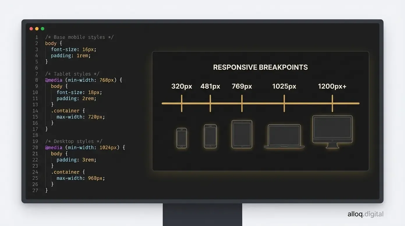 CSS Media Queries Code mit Breakpoint-Übersicht für alle Geräteklassen von Mobile bis Desktop