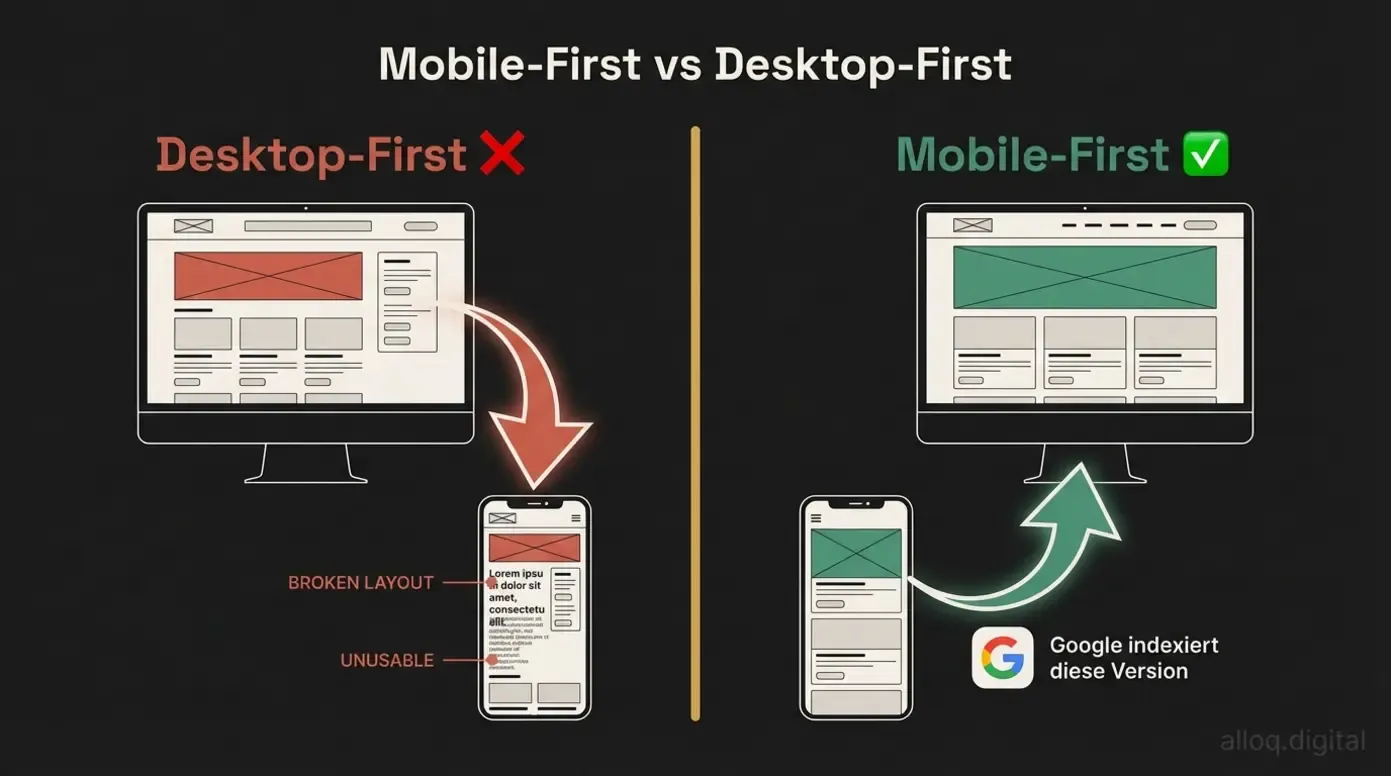 Vergleichsdiagramm Mobile-First versus Desktop-First Ansatz für Google Indexierung