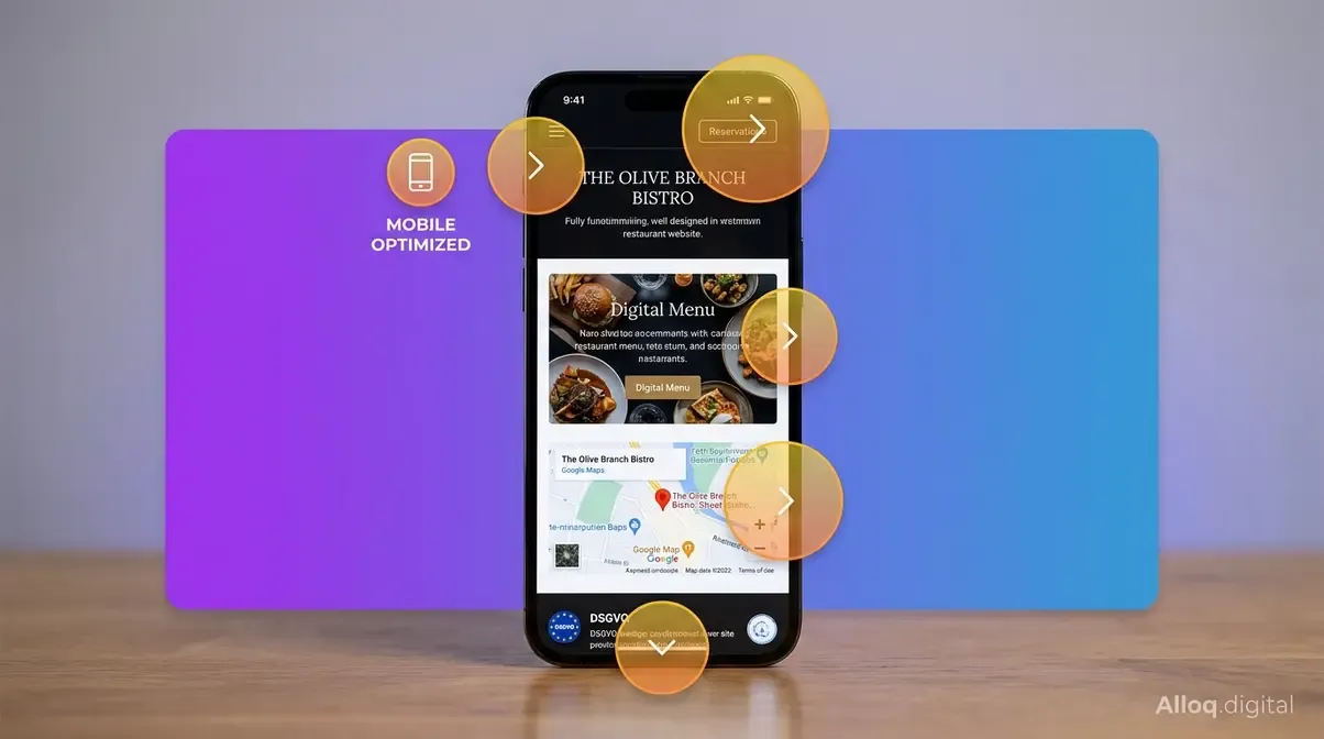 Smartphone zeigt vollständige Restaurant-Website mit fünf Pflichtfunktionen wie Reservierung und Speisekarte