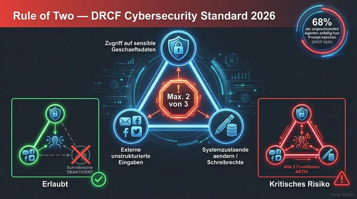 Infografik Rule of Two zeigt maximale KI-Agent Berechtigungen fuer sichere Systemarchitektur