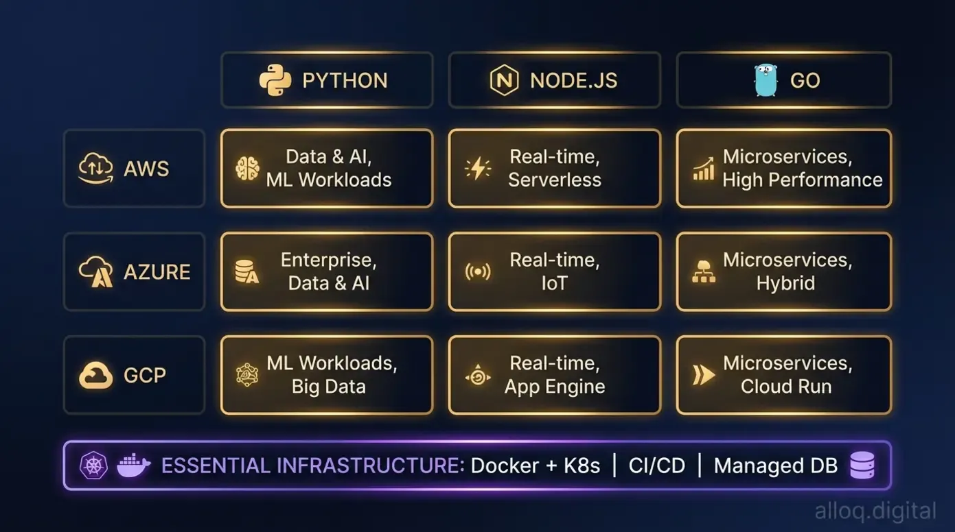 Backend technology comparison matrix showing Python, Node.js, and Go across AWS, Azure, and GCP platforms