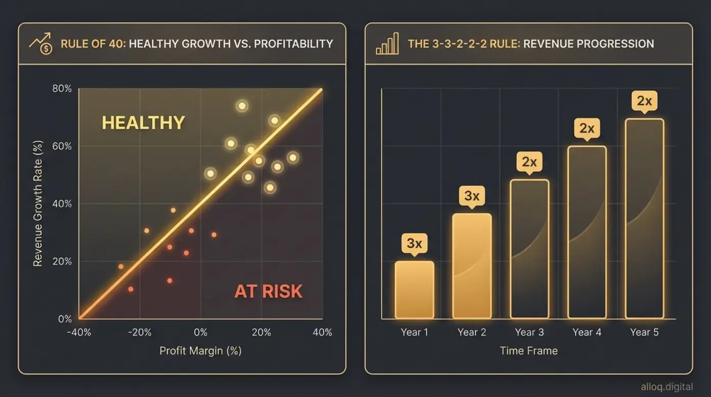 Dashboard showing the Rule of 40 threshold chart and 3-3-2-2-2 SaaS growth trajectory bar chart