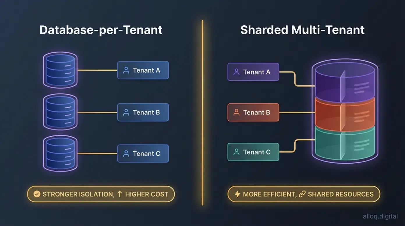 Comparison diagram of database-per-tenant versus sharded multi-tenant SaaS architecture patterns